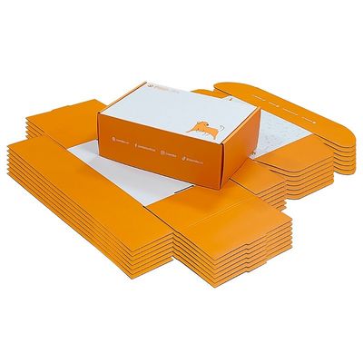 Papel para mascotas de color naranja, envasado en una caja de correo, envasado en una caja para perros ecológica, en una carpeta