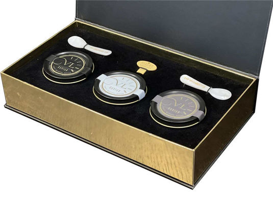 Embalaje dorado Caviar negro tin jar rojo Confección de regalo con embalaje de cartón y manga