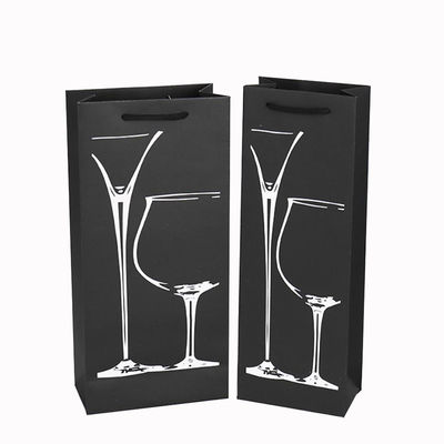 Embalaje de botellas de vino de embalaje único Bolsas de papel negro con logotipo personalizado y papel caliente