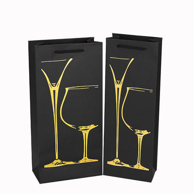 Embalaje de botellas de vino de embalaje único Bolsas de papel negro con logotipo personalizado y papel caliente
