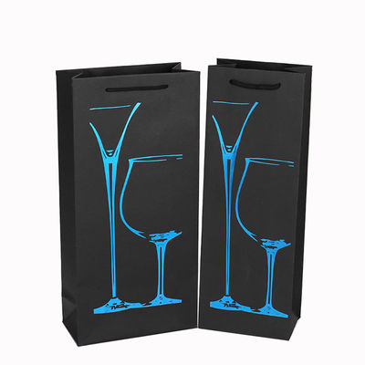 Embalaje de botellas de vino de embalaje único Bolsas de papel negro con logotipo personalizado y papel caliente