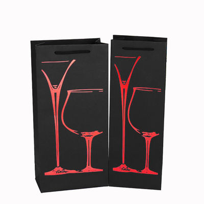 Embalaje de botellas de vino de embalaje único Bolsas de papel negro con logotipo personalizado y papel caliente
