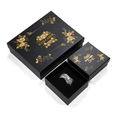 Impresión a medida de la fábrica de alta gama de joyería de lujo conjunto de cajas Golden Rose cuerda de cabello encabezado caja de embalaje