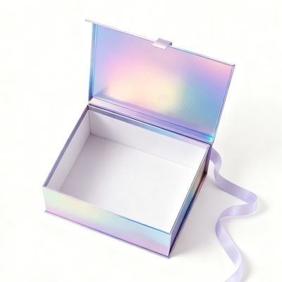 Deluxe Holographic Flip Top Magnetic Lid Gift Packaging Box Beautiful With Ribbon Recycled Materials For Socks