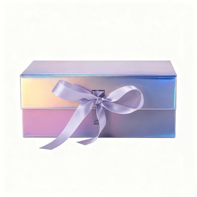 Deluxe Holographic Flip Top Magnetic Lid Gift Packaging Box Beautiful With Ribbon Recycled Materials For Socks