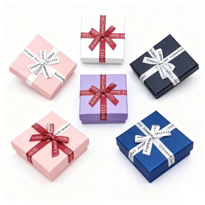 Caja cuadrada cielo y tierra de embalaje de joyería personalizada con lazo de cinta en inglés, cubierta de cartón elegante para aretes y anillos