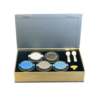 Embalaje dorado Caviar negro tin jar rojo Confección de regalo con embalaje de cartón y manga