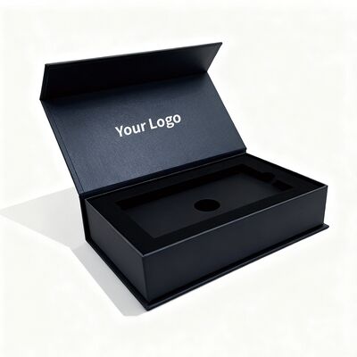 Logotipo personalizado Caja de regalo magnética negra con inserciones de papel Embalaje rígido de primera calidad para reloj Arete de tarjeta de crédito